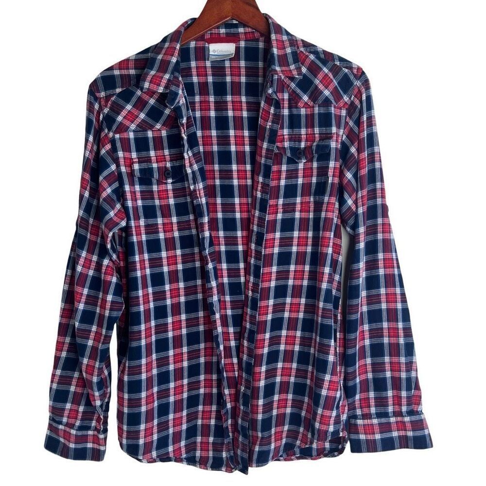 Columbia Womens Plaid Flannel Long Sleeve Button Down Shirt Red Blue Size Small